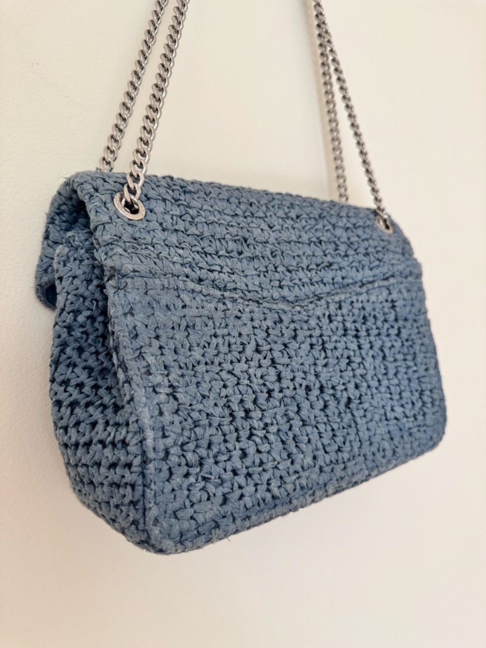 Sandro Raffia YZA Blue Woven Shoulder Bag with Chain Strap - Picture 10 of 14